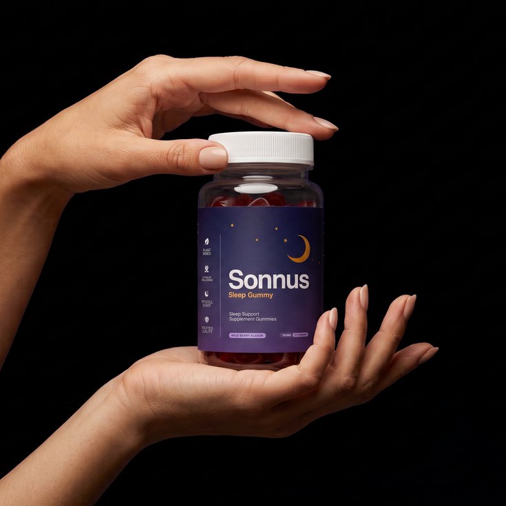 Hand holding a Sonnus® Sleep Gummy bottle